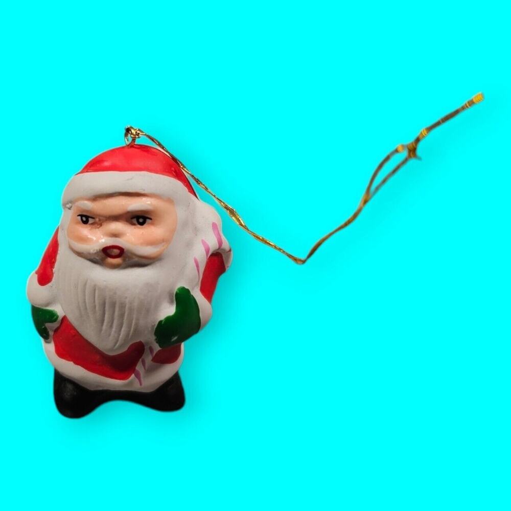 Vintage Christmas Ornament Ceramic Santa Red Suit Green Tree 2"